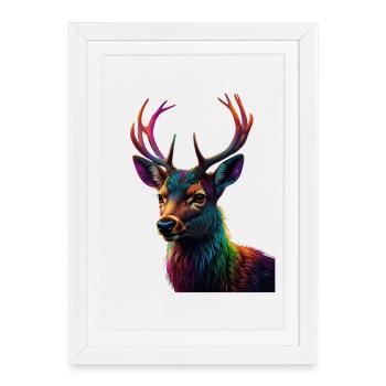 Estampe d’art de tête de cerf arc-en-ciel - Affiche encadrée (27 × 37 cm) - blanc - Devant