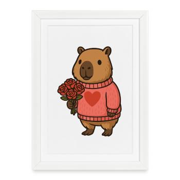 Capybara avec bouquet de roses – Motif de la Saint-Valentin - Affiche encadrée (27 × 37 cm) - blanc - Devant