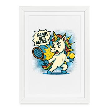 Tennis Unicorn Rétro, match de sets, Fun - Affiche encadrée (27 × 37 cm) - blanc - Devant