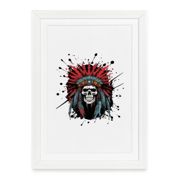 Crâne à couronne de plumes – Dessin tribal - Affiche encadrée (27 × 37 cm) - blanc - Devant