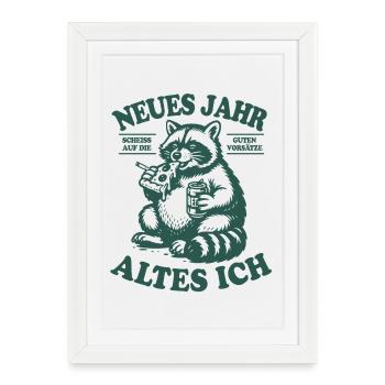 Raccoon | Nouvelle année, vieux moi | bonnes intentions - Affiche encadrée (27 × 37 cm) - blanc - Devant