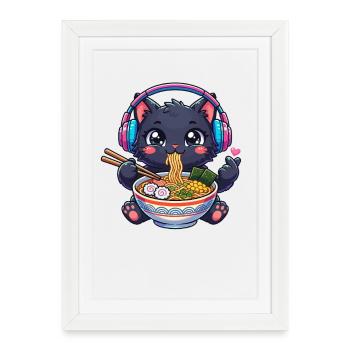 K-pop de ramen chat noir kawaï - Affiche encadrée (27 × 37 cm) - blanc - Devant