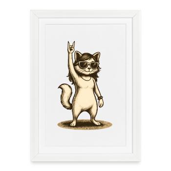 Chat de pierre avec lunettes de soleil Signe de la main - Affiche encadrée (27 × 37 cm) - blanc - Devant