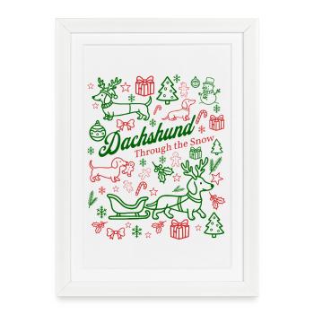 Teckel à travers la neige Festif - Affiche encadrée (27 × 37 cm) - blanc - Devant