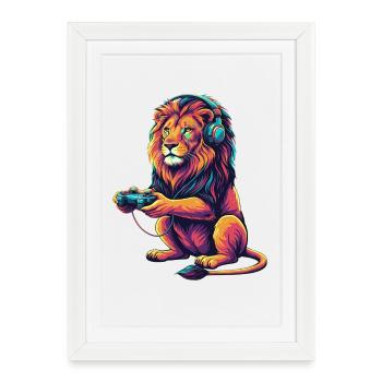 Lion Gaming Animal Video Games Funny Lion - Framed poster (27 × 37 cm) - white - Front
