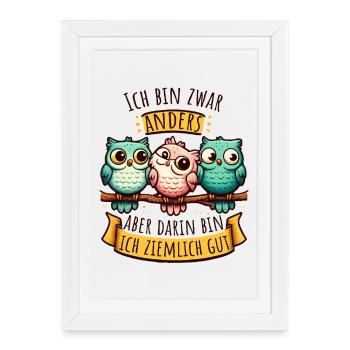 Anderssein Spruch mit bunten Eulen - Gerahmtes Poster (27 × 37 cm) - Weiß - Vorne