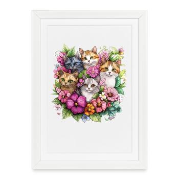 Des chats dans le jardin fleuri - Affiche encadrée (27 × 37 cm) - blanc - Devant