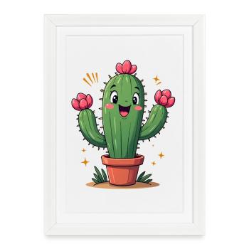 Cactus drôle en pot avec des fleurs - Affiche encadrée (27 × 37 cm) - blanc - Devant
