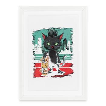 Chat punk skateur avec planche dans le style urbain - Affiche encadrée (27 × 37 cm) - blanc - Devant
