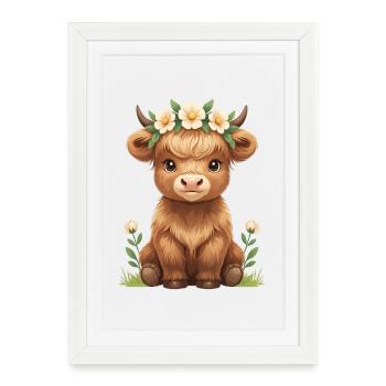 Veau de vache dans une couronne de fleurs - Affiche encadrée (27 × 37 cm) - blanc - Devant