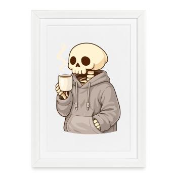 Cozy skeleton with cup – Quiet moment - Framed poster (27 × 37 cm) - white - Front
