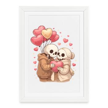 Couple squelette douillet avec ballons en forme de cœur – Amour - Affiche encadrée (27 × 37 cm) - blanc - Devant