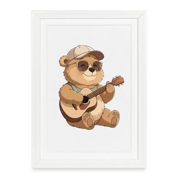 Ours guitare avec lunettes de soleil - Affiche encadrée (27 × 37 cm) - blanc - Devant