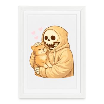 Cozy Skeleton with Cat – Gentle Closeness - Framed poster (27 × 37 cm) - white - Front