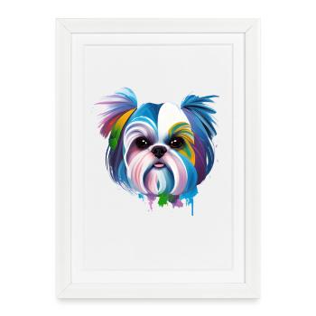 Maman de chien en chrysanthème artistique Shih Tzu colorée - Affiche encadrée (27 × 37 cm) - blanc - Devant