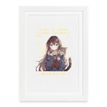 Anime Girl Loves Cats – Un design otaku mignon - Affiche encadrée (27 × 37 cm) - blanc - Devant
