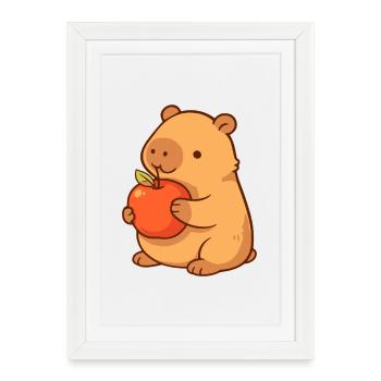Illustration de capybara avec pomme - Affiche encadrée (27 × 37 cm) - blanc - Devant