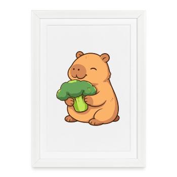 Capybara au brocoli – détendu et mignon - Affiche encadrée (27 × 37 cm) - blanc - Devant