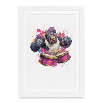 Colorful monkey on the drum set - Framed poster (27 × 37 cm) - white - Front