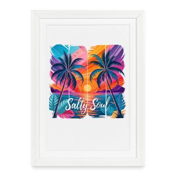 Plage de la mer Souly Soul, avec des palmiers au coucher du soleil - Affiche encadrée (27 × 37 cm) - blanc - Devant