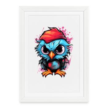 Bunte Eulen-Pop mit rotem Hut - Gerahmtes Poster (27 × 37 cm) - Weiß - Vorne