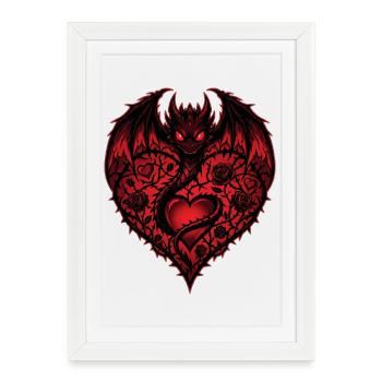 Cœur mignon amoureux romantique dragon rose amour - Affiche encadrée (27 × 37 cm) - blanc - Devant