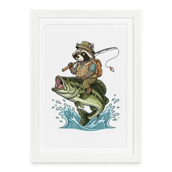 Un raton laveur drôle fait des chevauchements sur un achigan - Affiche encadrée (27 × 37 cm) - blanc - Devant
