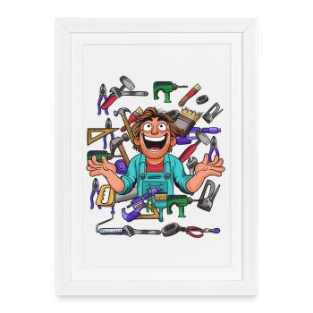 Cheerful craftsman in tool chaos - Framed poster (27 × 37 cm) - white - Front