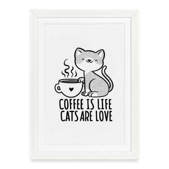 Cute Cat with Coffee – Coffee is Life Cat Shirt - Framed poster (27 × 37 cm) - white - Front