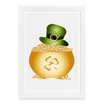 Pot doré avec trèfle et chapeau vert - Affiche encadrée (27 × 37 cm) - blanc - Devant