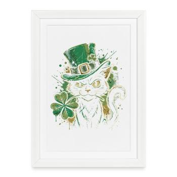 Ronronnement de chat vert avec trèfle - Affiche encadrée (27 × 37 cm) - blanc - Devant
