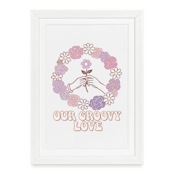 Notre Amour Groovy | Couronne de fleurs | La Saint-Valentin - Affiche encadrée (27 × 37 cm) - blanc - Devant