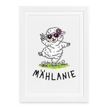 Mählanie – Cute dancing sheep with a play on words - Framed poster (27 × 37 cm) - white - Front