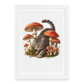 Cat in Mushrooms Forest Fantasy Art - Framed poster (27 × 37 cm) - white - Front