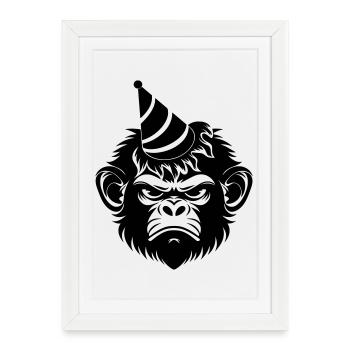 Singe capricieux avec un chapeau de fête - Affiche encadrée (27 × 37 cm) - blanc - Devant