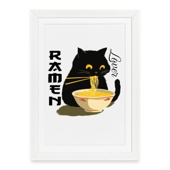 Amateur de ramen - Chat noir aux nouilles - Affiche encadrée (27 × 37 cm) - blanc - Devant