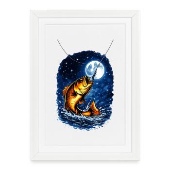 Night fishing under a full moon – fish on the hook - Framed poster (27 × 37 cm) - white - Front