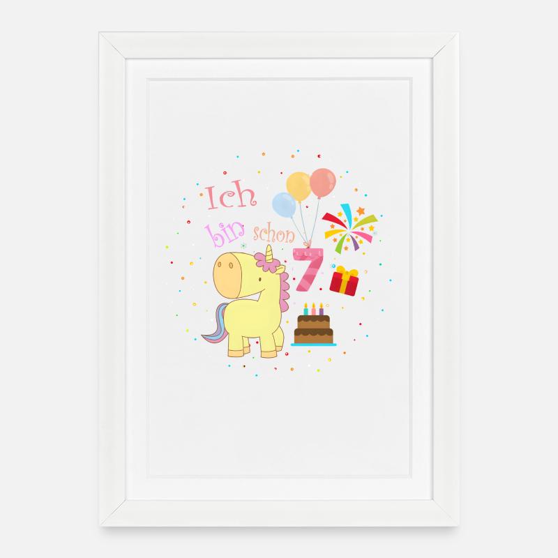 7. Geburtstag Einhorn – Ich bin schon 7 Mädchen - Gerahmtes Poster (27 × 37 cm) - Weiß