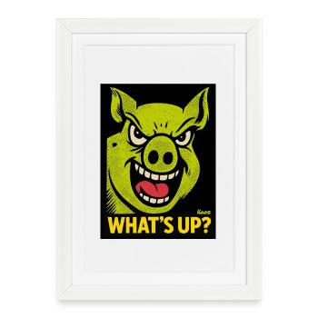 Grinning pig with What's going on? - Framed poster (27 × 37 cm) - white - Front