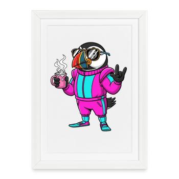 Stylish bird in ski jumpsuit with coffee - Framed poster (27 × 37 cm) - white - Front