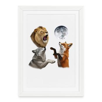 Wolf, fox and lion howl at the moon animals - Framed poster (27 × 37 cm) - white - Front