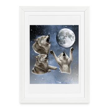 Three wolves howl at the full moon Wolf - Framed poster (27 × 37 cm) - white - Front