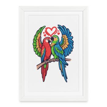 Duo de perroquets d’amour dans le style tropical - Affiche encadrée (27 × 37 cm) - blanc - Devant