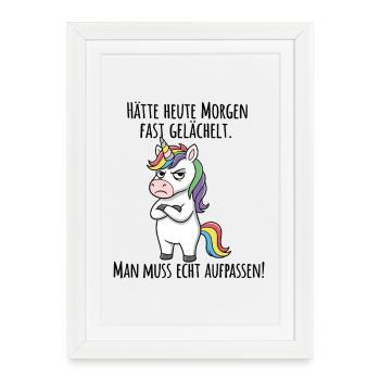 Fast gelächelt – Grummeliges Einhorn Morgenmuffel - Affiche encadrée (27 × 37 cm) - blanc - Devant