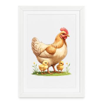 Poule avec poussin sur la prairie fleurie - Affiche encadrée (27 × 37 cm) - blanc - Devant