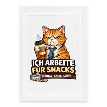 Je travaille pour Snacks – Office Cat - Affiche encadrée (27 × 37 cm) - blanc - Devant