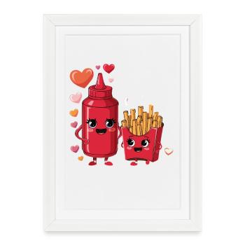Les frites et le ketchup adorent la nourriture drôle de dessin animé - Affiche encadrée (27 × 37 cm) - blanc - Devant