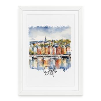 Aquarelle d’Oslo, Oslo, Norvège - Affiche encadrée (27 × 37 cm) - blanc - Devant