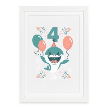 Quatrième anniversaire de Shark, jeune fille quatre ans - Affiche encadrée (27 × 37 cm) - blanc - Devant