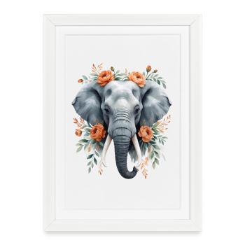 Éléphant avec une couronne de fleurs - Affiche encadrée (27 × 37 cm) - blanc - Devant